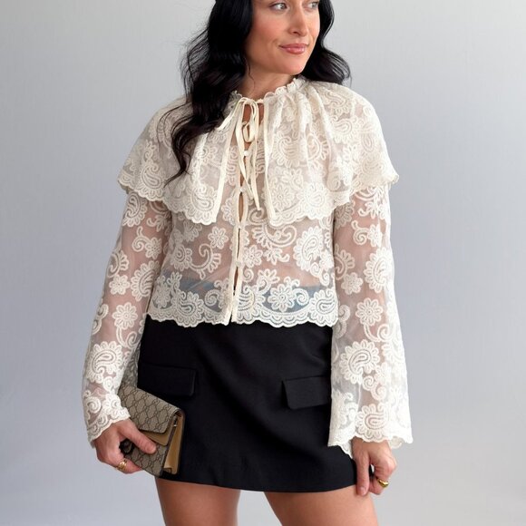 Ivory Lace Tie-Neck Blouse with Capelet - Picture 7 of 9